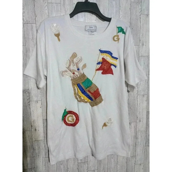 Lisa International Embroidered Tee Sequined Embellished Golf Theme Size Medium - Picture 1 of 4